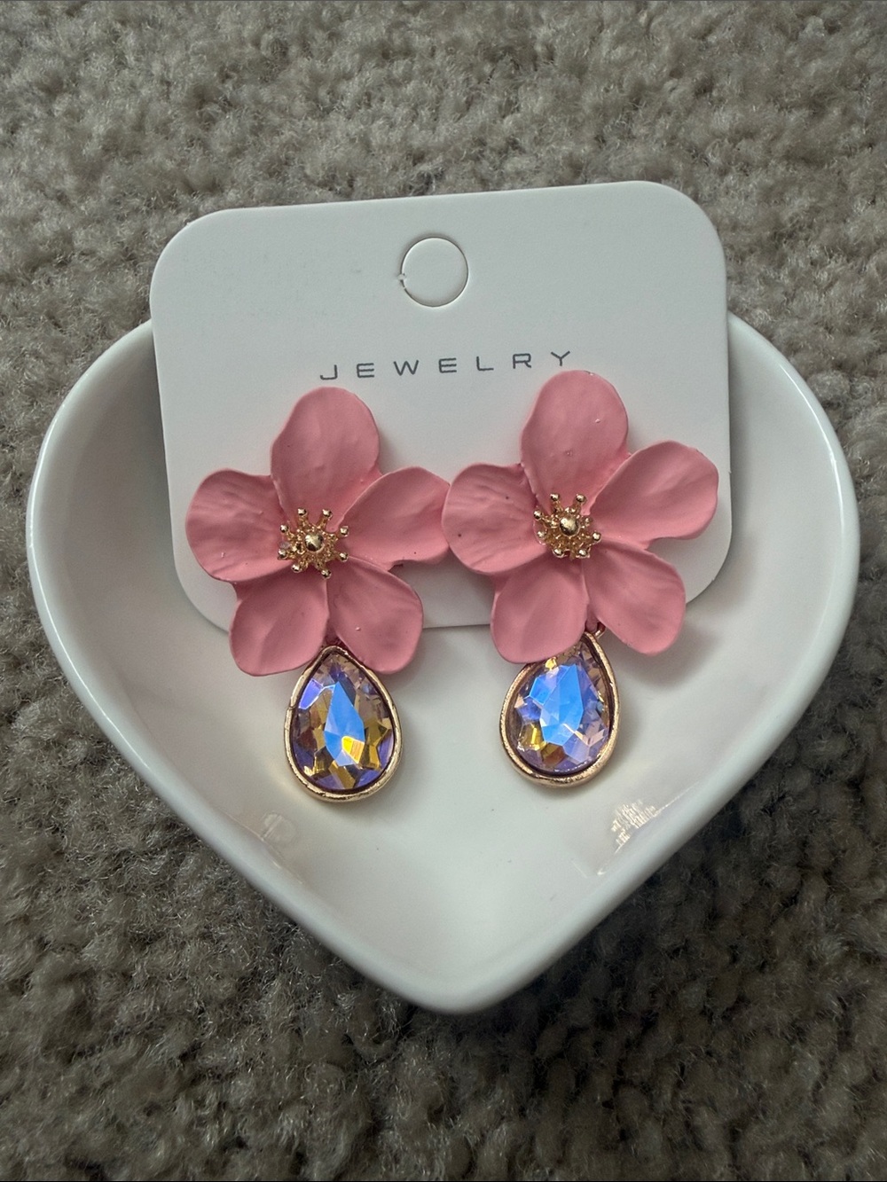 Pink Floral Drop Earrings with Iridescent Teardrops